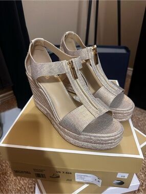 Michael Kors Metallic Gold Wedge Sandals with Front Zip